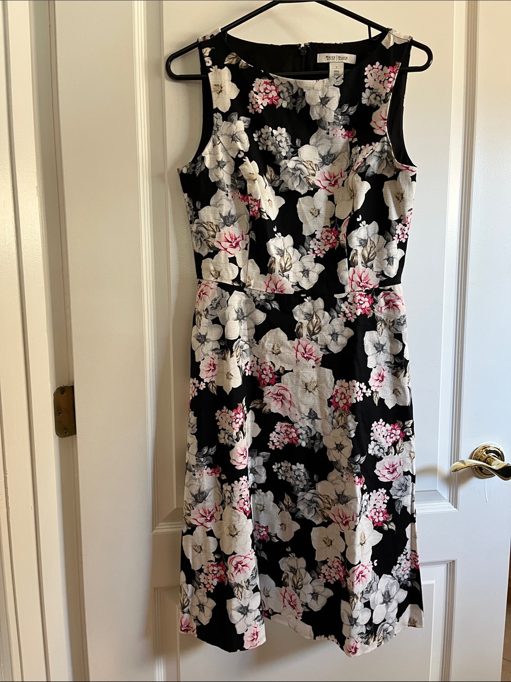 White House Black Market Black Floral Midi Dress with Pink and White Accents